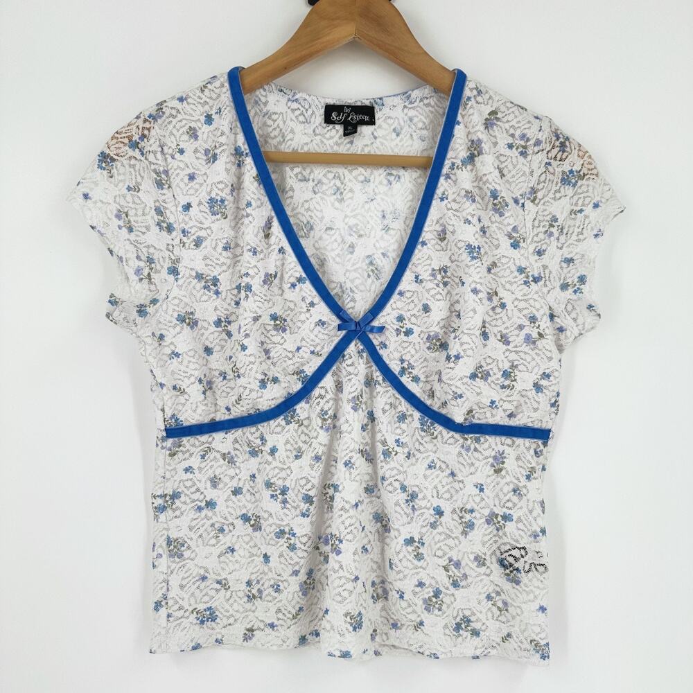 VTG‎ Y2K Self Esteem Sheer Lace Babydoll Top XL Coquette Fairy Cottage Romantic